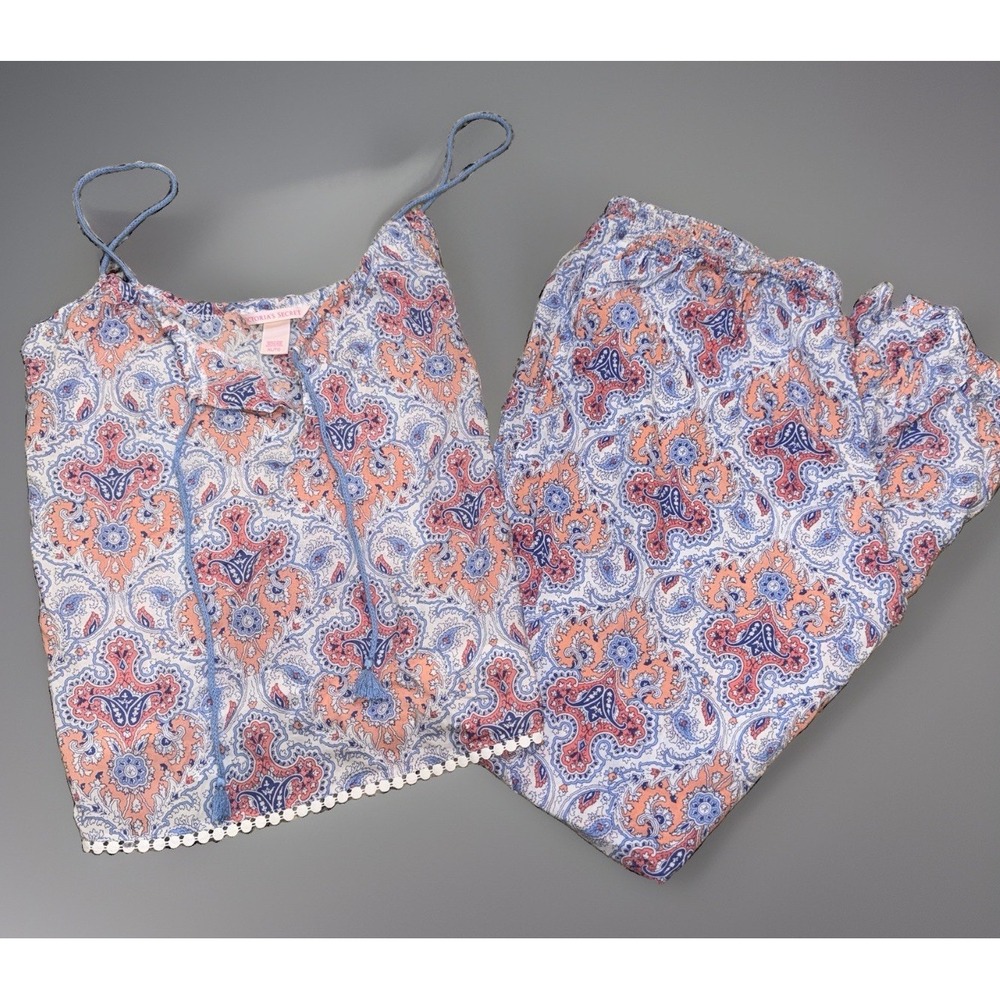 Victoria's Secret Black Cami  Blue & Pink Silky Pants 2 pc PJ set Size XL